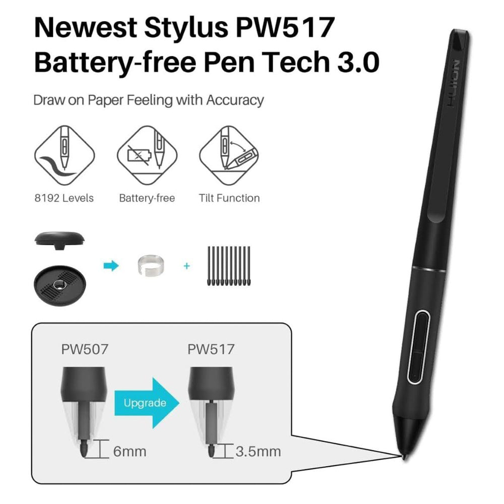 HUION Kamvas 13 13-Zoll Grafiktablet 293,76 x 165,24 mm USB schwarz mit druckempfindlichem Stift, 8 programmierbaren Tasten, großem Farbspektrum und kompakter Bauweise.