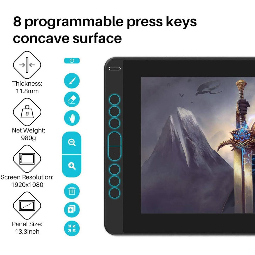 HUION Kamvas 13 13-Zoll Grafiktablet 293,76 x 165,24 mm USB schwarz mit druckempfindlichem Stift, 8 programmierbaren Tasten, großem Farbspektrum und kompakter Bauweise.