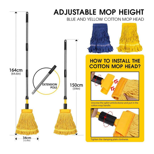 HEVOL Bodenwischer Wischmopp Set aus Baumwolle mit Edelstahlgriff und 2 Schnur-Moppköpfen für Hartholz Laminat Fliesen