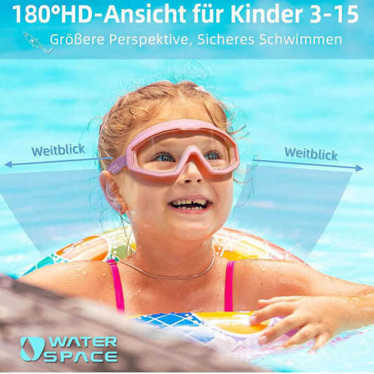 Water Space Schwimmbrille, Kinder 3-15, Schwimmbrille, Panoramablick, Anti-Nebel, auslaufsicher, für Schwimmbad und Strand