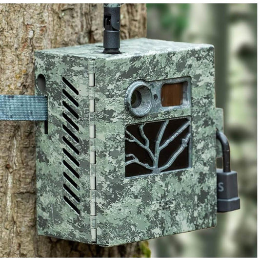 Zeiss Secacam 3, Metallgehäuse, Sicherheitskamera, robuster Stahlschutz, Tarnmuster, Stativ- und Kabelschlosskompatibel.