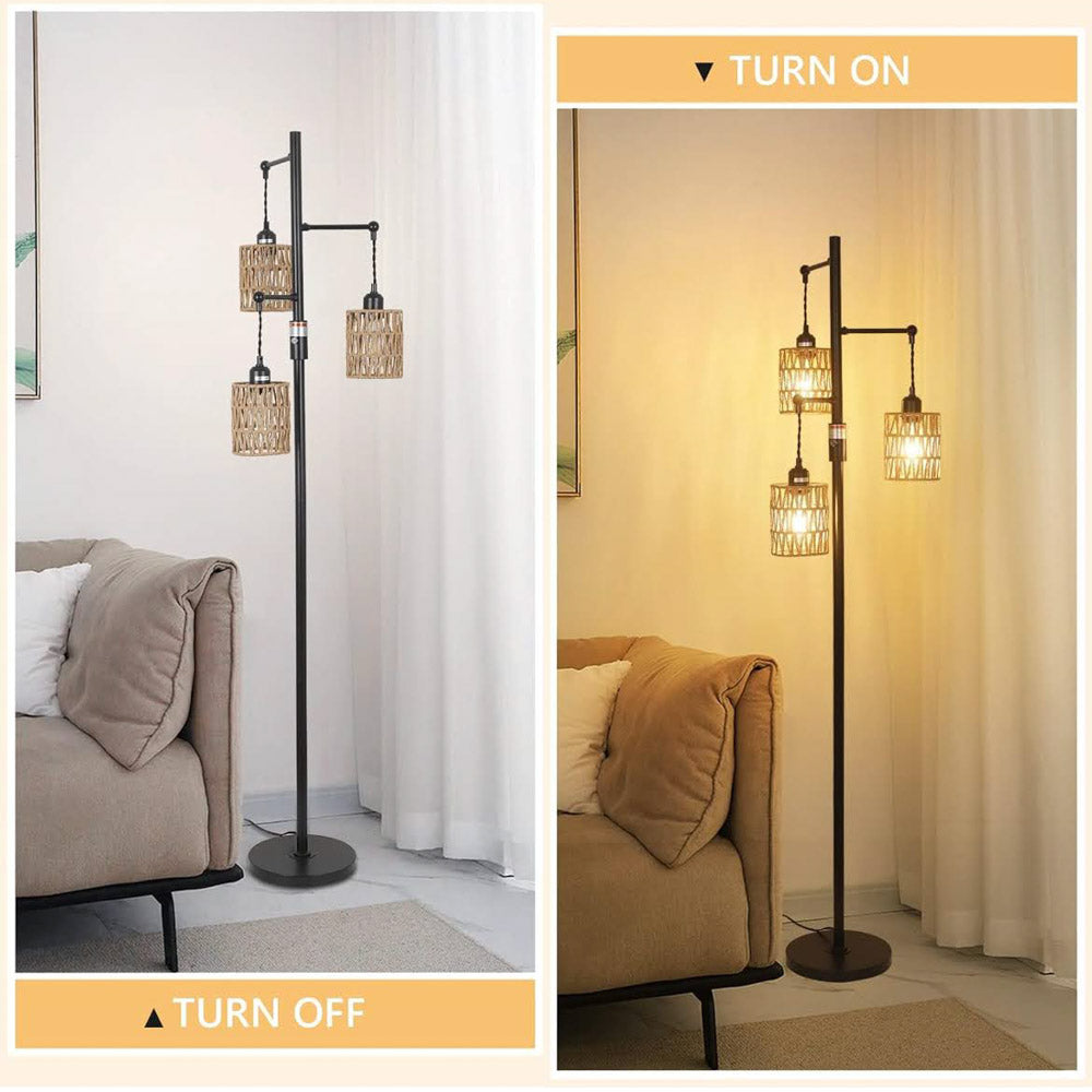Rayofly Dimmbar Stehlampe, Vintage, 3-flammige Boho Rattan, dimmbar, für Wohnzimmer, Schlafzimmer, Höhe 165cm