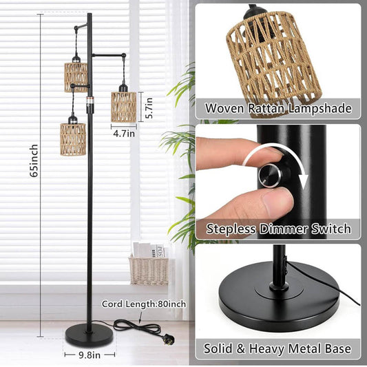 Rayofly Dimmbar Stehlampe, Vintage, 3-flammige Boho Rattan, dimmbar, für Wohnzimmer, Schlafzimmer, Höhe 165cm