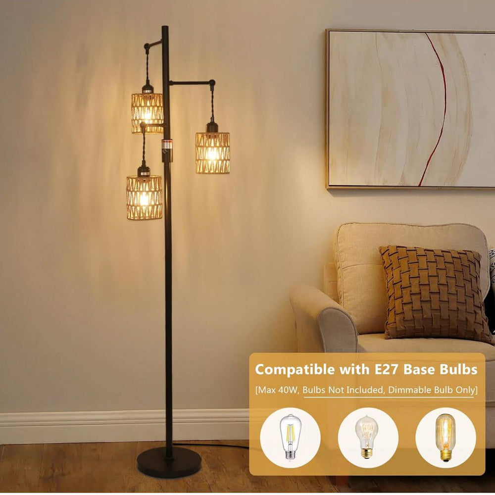 Rayofly Dimmbar Stehlampe, Vintage, 3-flammige Boho Rattan, dimmbar, für Wohnzimmer, Schlafzimmer, Höhe 165cm