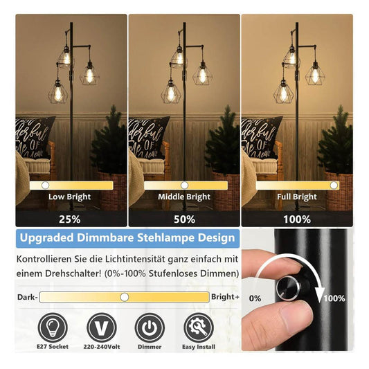 Rayofly Dimmbare Diamant Stehlampe, 162cm, Industrielle Schwarz, 3 Käfig Lampenschirme, Dimmer, Metall Vintage für Wohnzimmer, Schlafzimmer, Esszimmer.