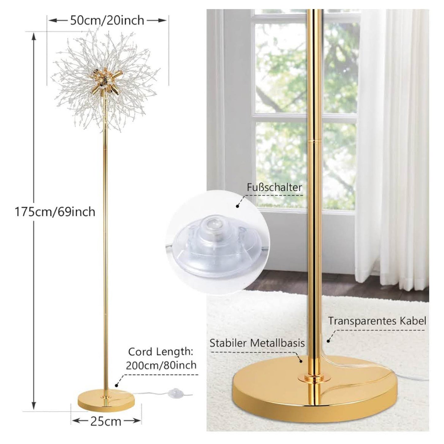 Rayofly, 8-Flammige Kristalle, Stehlampe, Gold Feuerwerk Design, 172CM hoch, Fußschalter, Glas Metall, ideal für Wohnzimmer und Schlafzimmer.