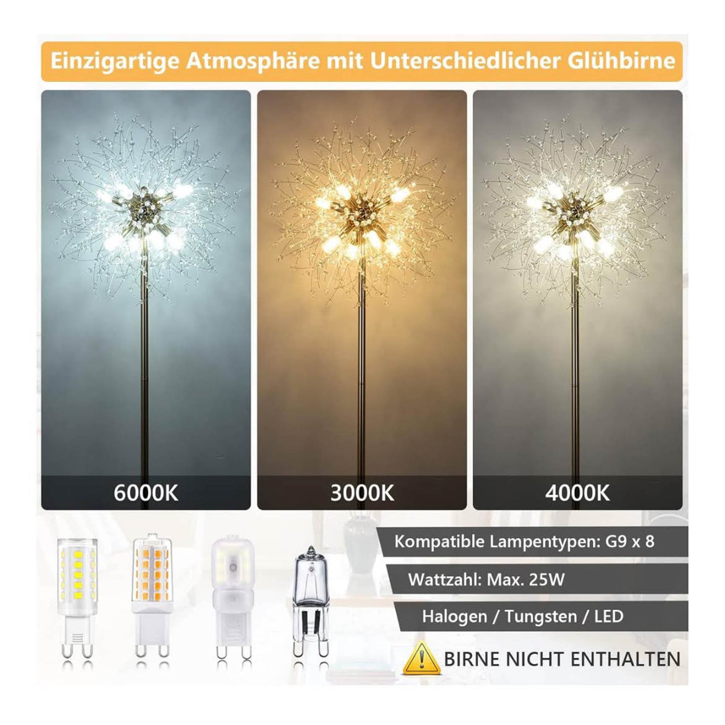Rayofly, 8-Flammige Kristalle, Stehlampe, Gold Feuerwerk Design, 172CM hoch, Fußschalter, Glas Metall, ideal für Wohnzimmer und Schlafzimmer.