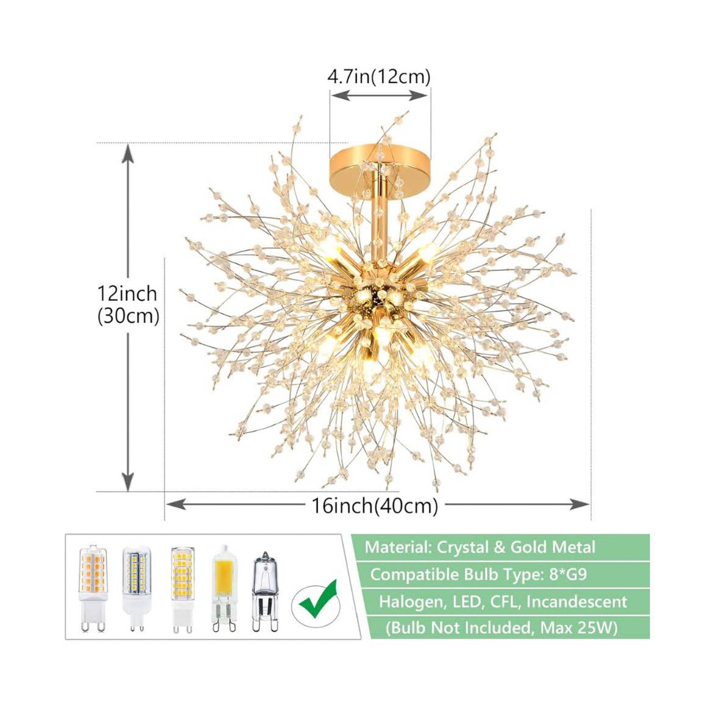 Rayofly Moderne Kristall Deckenleuchte, 8-flammig, dimmbar, gold, für Wohnzimmer, Schlafzimmer, Esszimmer, Küche, Flur