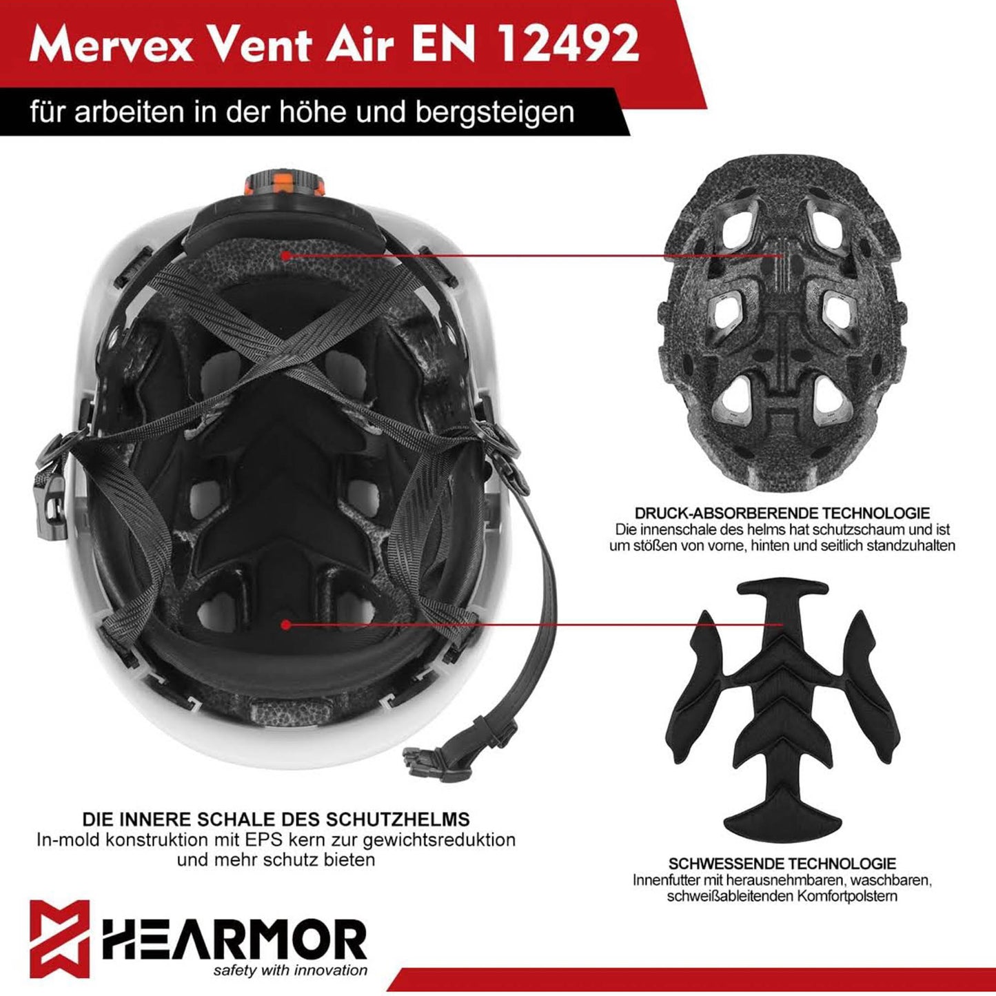 HEARMOR Bauhelm mit LED-Kopflampe, ABS Schutzhelm, EN12492, EN397, Stoßdämpfung, Eindringfestigkeit