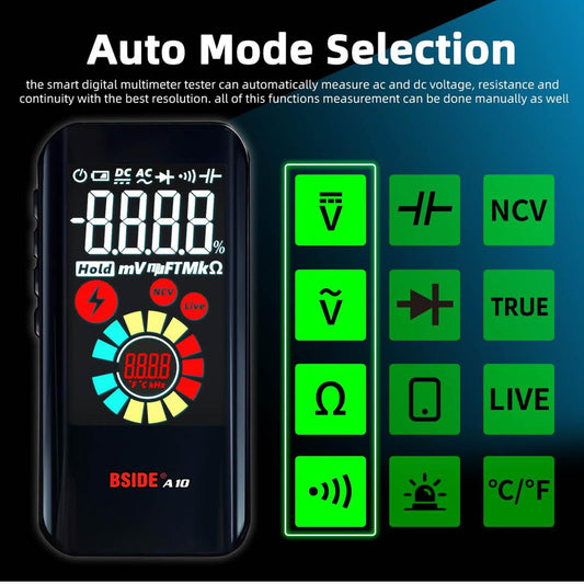 BSIDE Digitales Multimeter, wiederaufladbar, 3 Ergebnisse, 9999 Zählungen, Farb-LCD, V-Alert, Spannungsprüfer, Schwarz