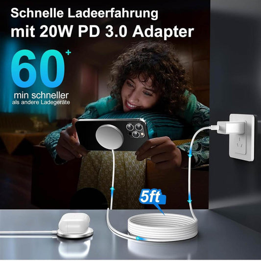 Meifigno Magnetische Wireless Charger, 15W, Ladegerät, 20W USB C PD Adapter, Mag-Safe, 5FT Kabel, für iPhone 15/14/13/12, AirPods Pro, Silber