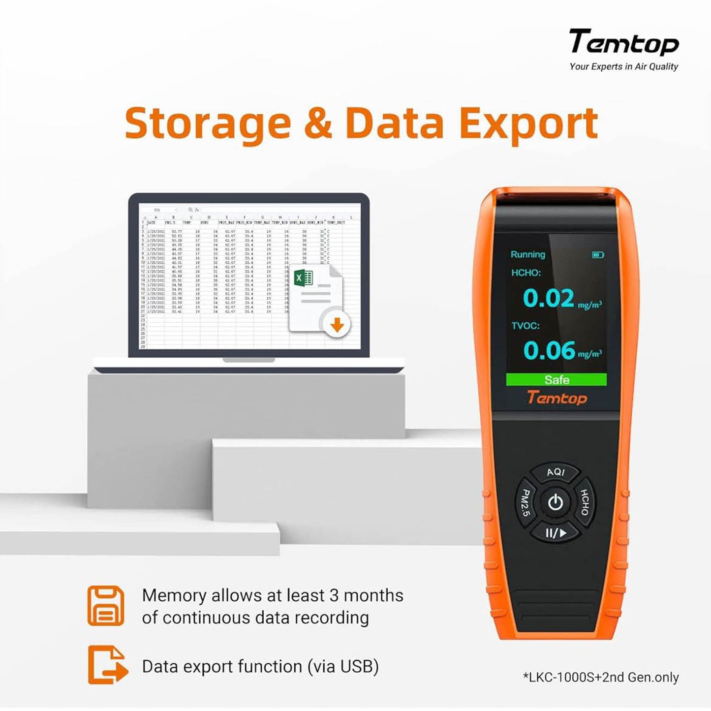 Temtop LKC-1000S+ Luftqualitätsdetektor HCHO/PM2.5/PM10/TVOC Innenraum Monitor
