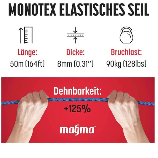 MAGMA Bungee-Seil 8mm, 50m, elastisches Gummiseil für Schwimmbadabdeckungen, Angeln, Segeln, Camping, blau.