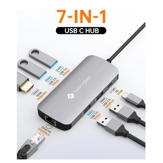 NOVOO USB C Hub 7-in-1, 4K HDMI, Gigabit Ethernet, 4x USB, 100W PD, kompatibel mit MacBook, Surface, Dell und Typ C Geräten.