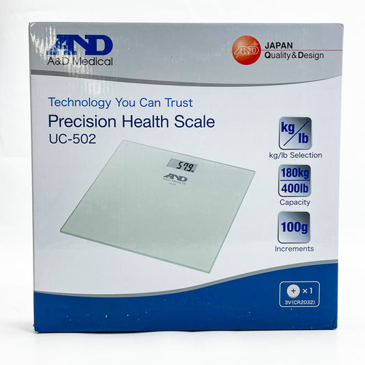 A&D Medical UC-502, Glas Personenwaage, präzise Gewichtsmessung, modernes Design, große LCD-Anzeige, max 180 kg.