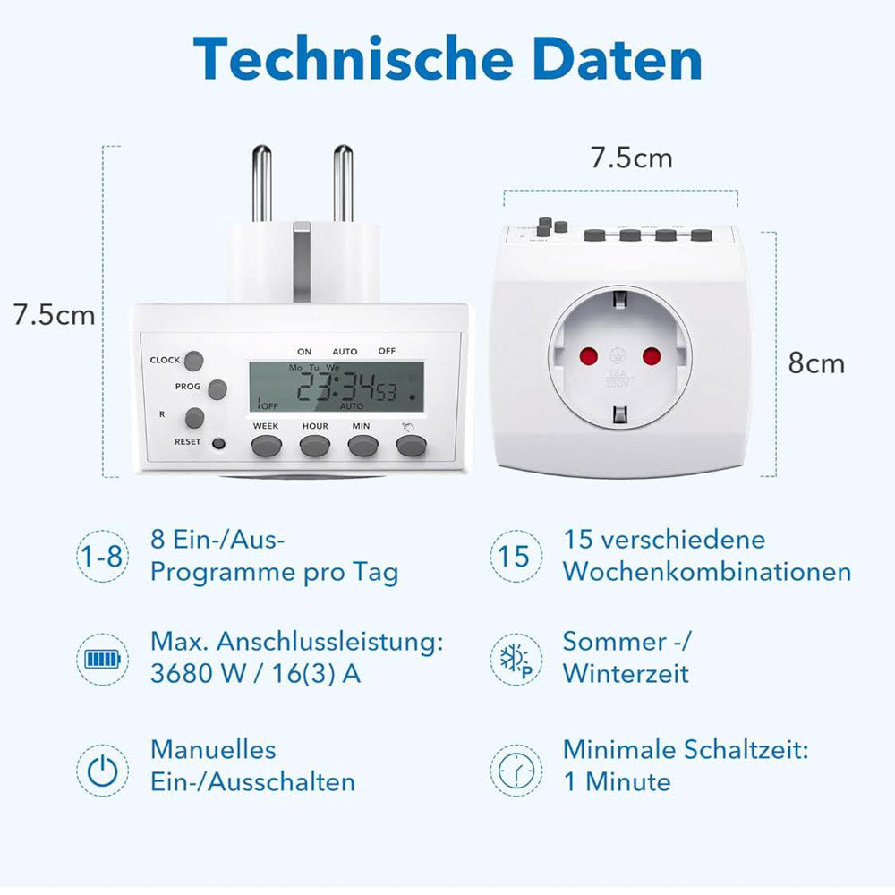 HBN Digitale Zeitschaltuhr 2er Set Wochenzeitschaltuhr 8 Schaltprogramme Zeitschalt-Steckdose Innenbereich Zufallsfunktion 16A 3680W