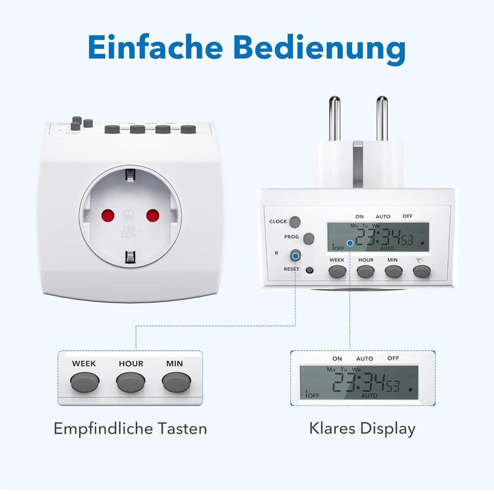 HBN Digitale Zeitschaltuhr 2er Set Wochenzeitschaltuhr 8 Schaltprogramme Zeitschalt-Steckdose Innenbereich Zufallsfunktion 16A 3680W
