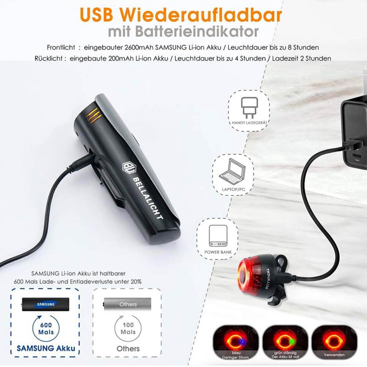 Bellalicht LED Beleuchtungskit 60 Lux USB wiederaufladbar 2600 mAh Vorder- und Rücklampe wasserdicht IPX5