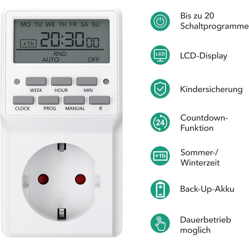 HBN 2X Digitale Zeitschaltuhr Wochenzeitschaltuhr 20 Schaltprogramme Timer Steckdose Innen Countdown Zufallsfunktion Sommerzeitschaltung max. 3680W