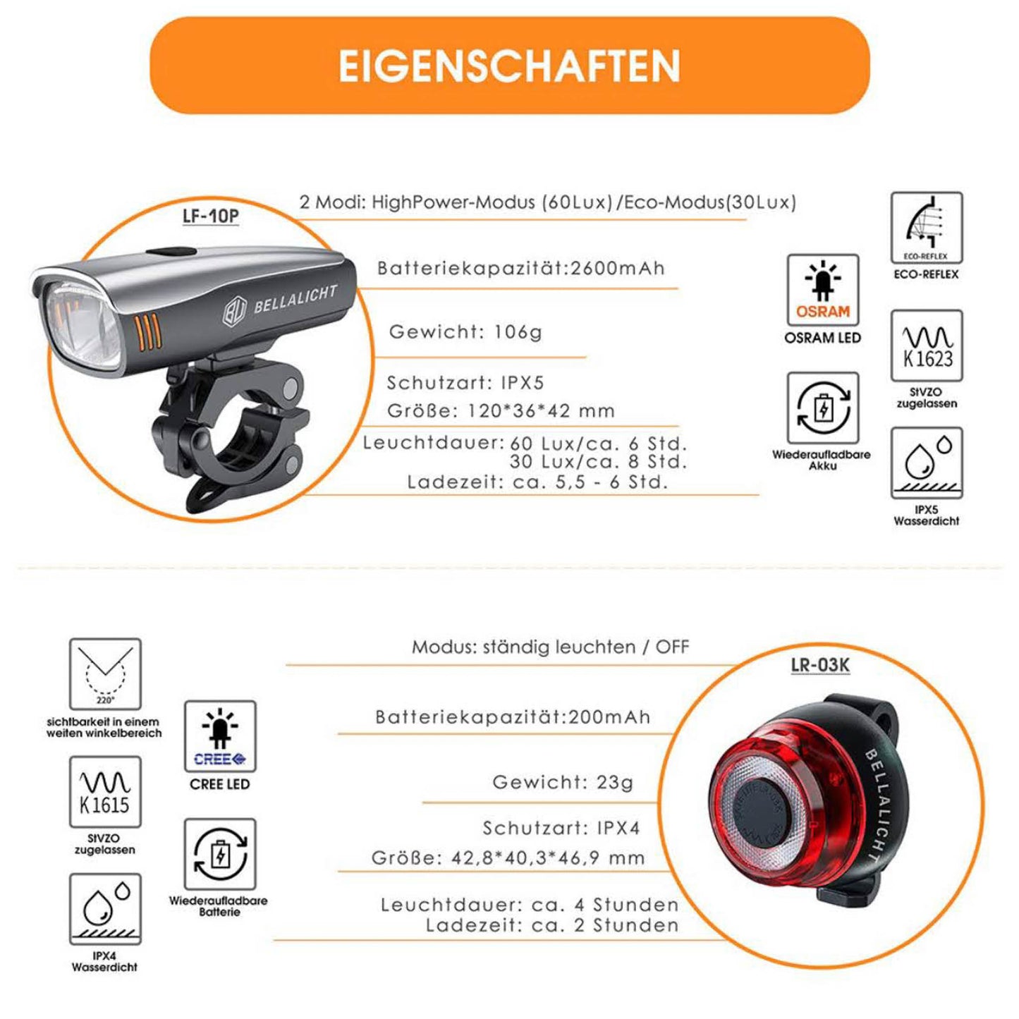 Bellalicht LED Beleuchtungskit 60 Lux USB wiederaufladbar 2600 mAh Vorder- und Rücklampe wasserdicht IPX5