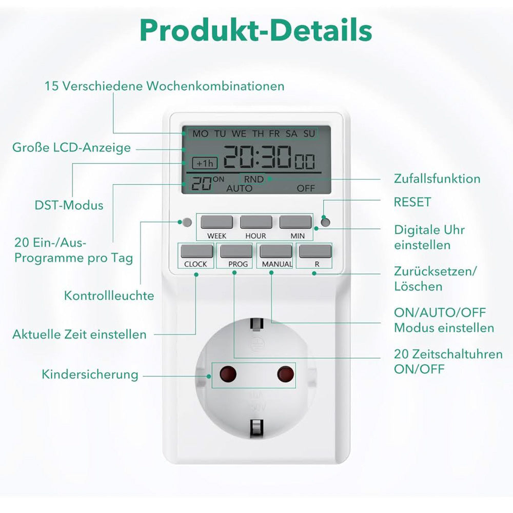 HBN 2X Digitale Zeitschaltuhr Wochenzeitschaltuhr 20 Schaltprogramme Timer Steckdose Innen Countdown Zufallsfunktion Sommerzeitschaltung max. 3680W