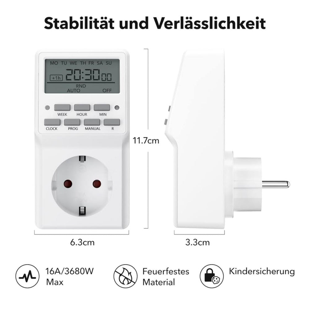 HBN 2X Digitale Zeitschaltuhr Wochenzeitschaltuhr 20 Schaltprogramme Timer Steckdose Innen Countdown Zufallsfunktion Sommerzeitschaltung max. 3680W