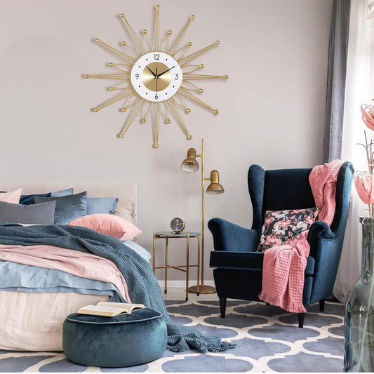 LaFocuse Ciche Metall Wanduhren 63 cm, modern, Sunburst Starburst, goldene Wanduhr, batteriebetrieben, für Wohnzimmer, Küche, Büro