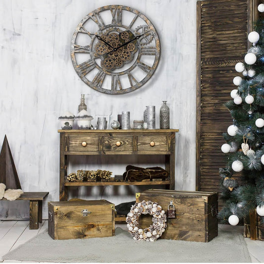 LaFocuse große Wanduhr 57 cm Steampunk Shabby Chic bewegliche Zahnräder Vintage Römische Zahlen für Küche Wohnzimmer Bar