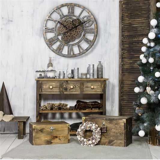 LaFocuse große Wanduhr 57 cm Steampunk Shabby Chic bewegliche Zahnräder Vintage Römische Zahlen für Küche Wohnzimmer Bar