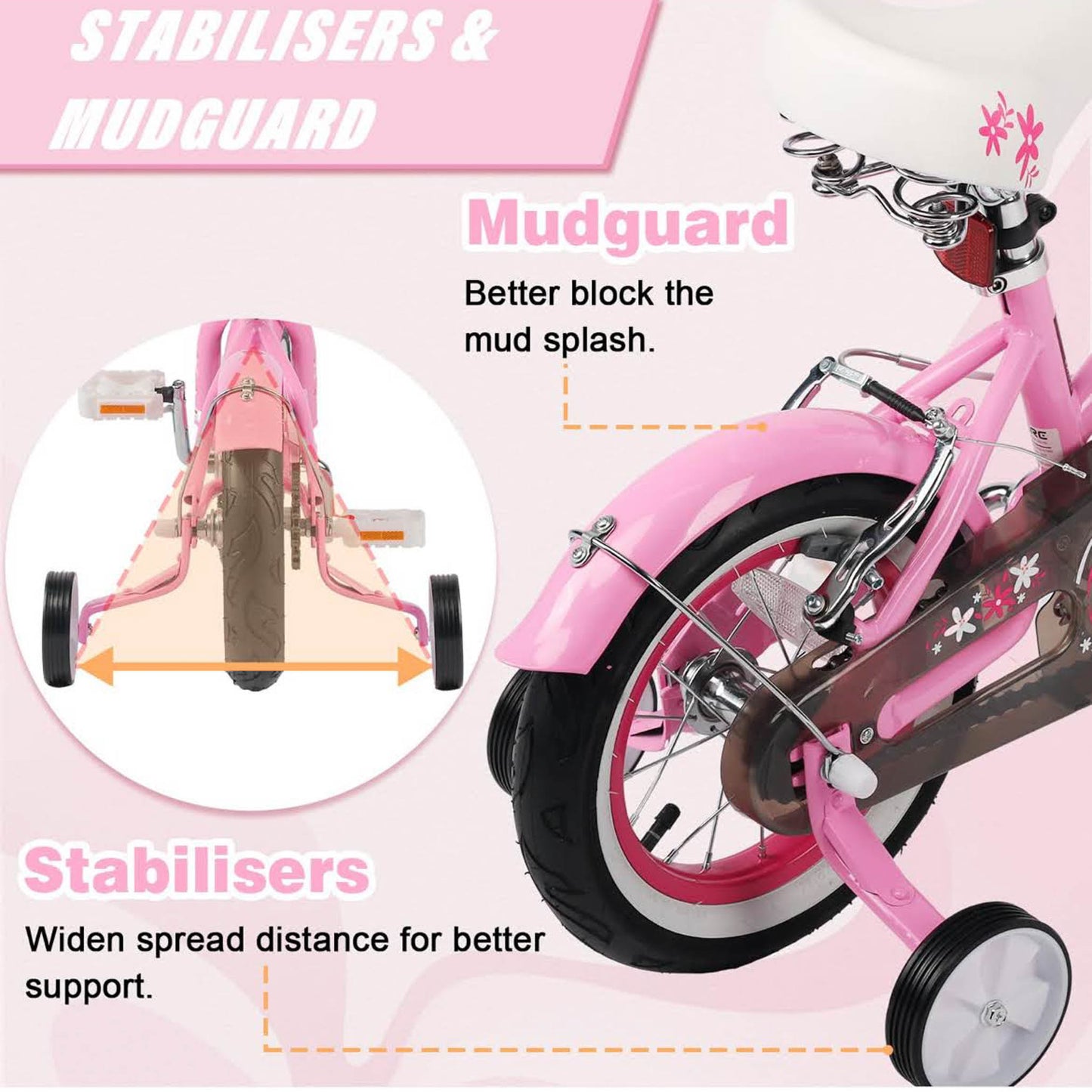 Glerc Freesia 12 Zoll Kinderfahrrad, rosa, für 1-5 Jahre, mit Stabilisatoren und Glocke, ideal für kleine Mädchen.