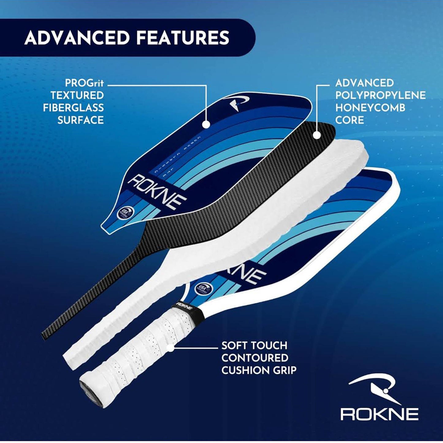 ROKNE Curve Classic LTE Pickleball-Paddel, Fiberglas, leichtes Design, ProGrit-Textur, 213 g, USAPA-zugelassen