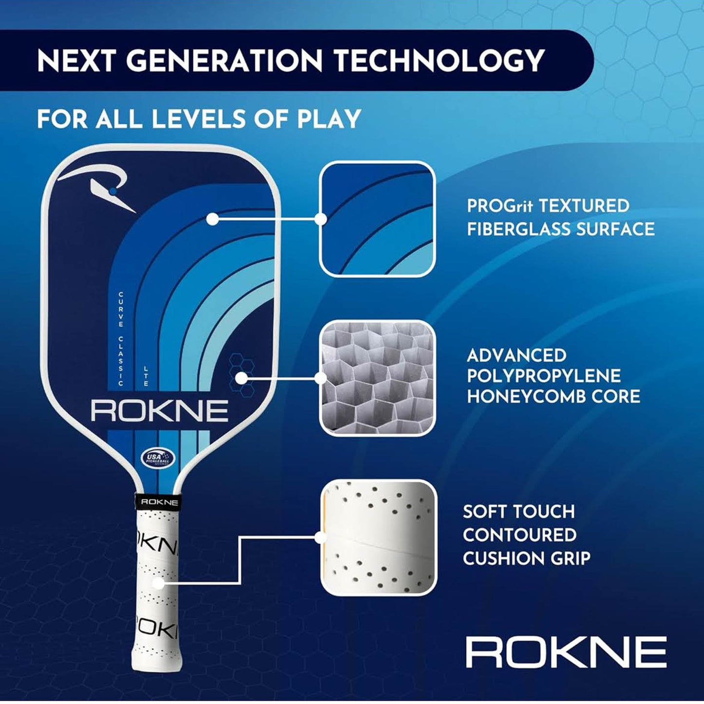 ROKNE Curve Classic LTE Pickleball-Paddel, Fiberglas, leichtes Design, ProGrit-Textur, 213 g, USAPA-zugelassen