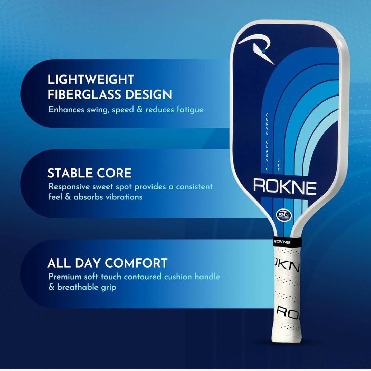 ROKNE Curve Classic LTE Pickleball-Paddel, Fiberglas, leichtes Design, ProGrit-Textur, 213 g, USAPA-zugelassen