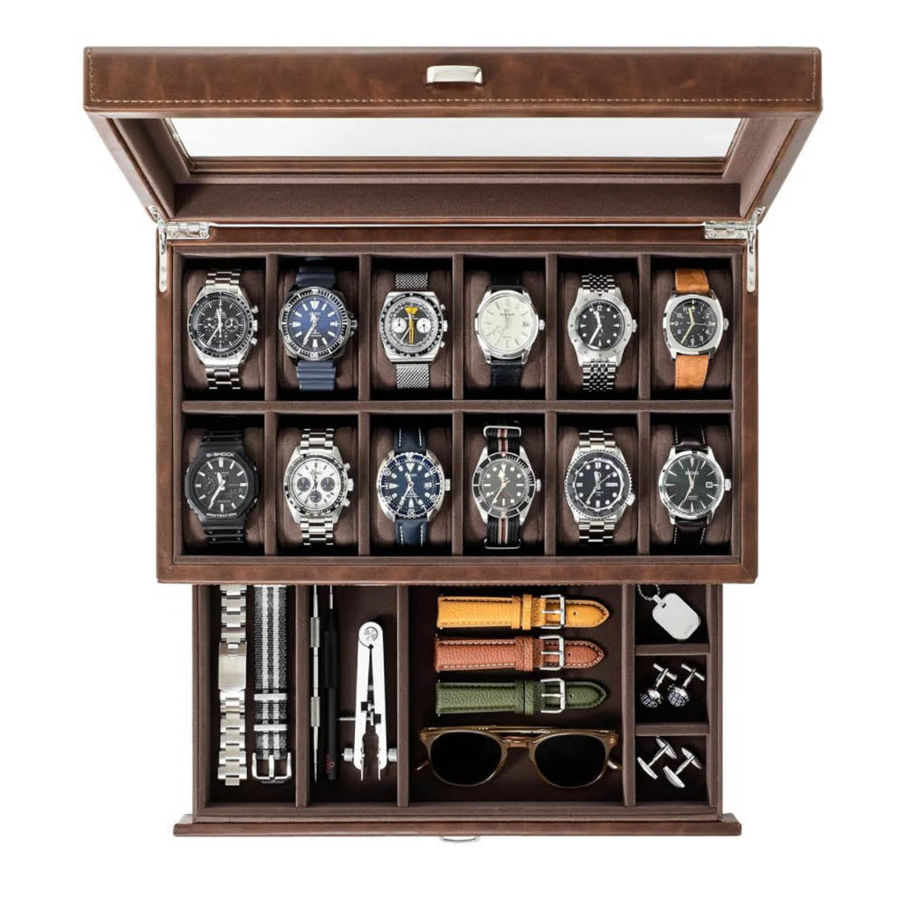TAWBURY Uhrenbox 12 Uhren – Uhren Box für Herren mit 12 Fächern, braun, eleganter Uhrenkasten für Herren, ideal als Schmuckkästchen für Uhren, praktische Watch Box for Men.