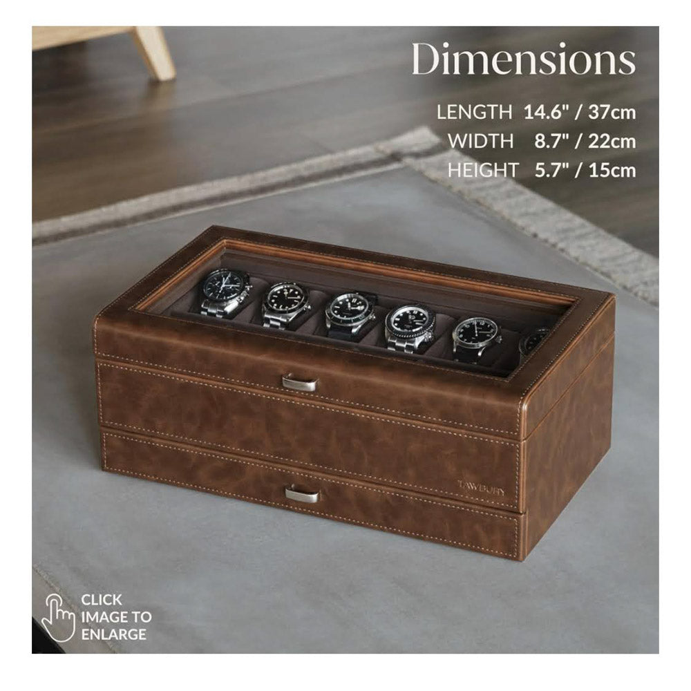 TAWBURY Uhrenbox 12 Uhren – Uhren Box für Herren mit 12 Fächern, braun, eleganter Uhrenkasten für Herren, ideal als Schmuckkästchen für Uhren, praktische Watch Box for Men.