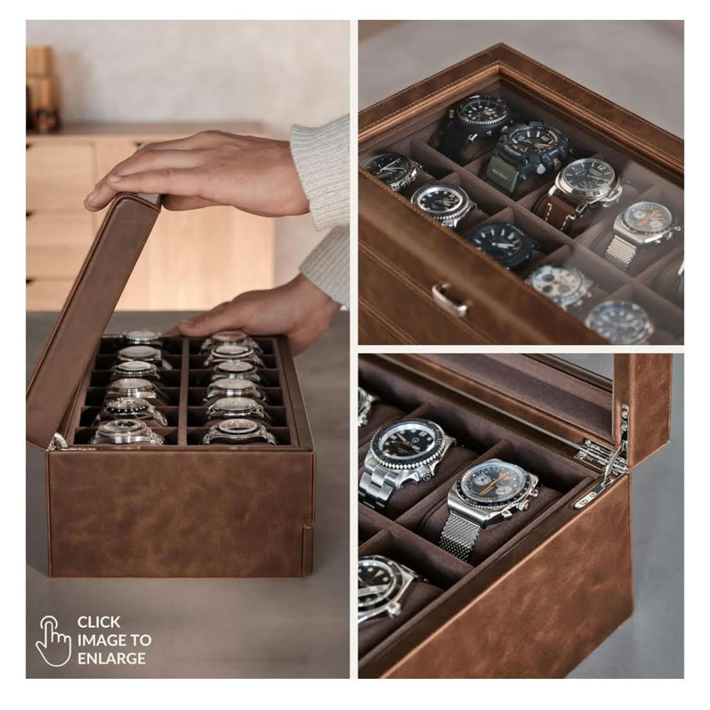 TAWBURY Uhrenbox 12 Uhren – Uhren Box für Herren mit 12 Fächern, braun, eleganter Uhrenkasten für Herren, ideal als Schmuckkästchen für Uhren, praktische Watch Box for Men.