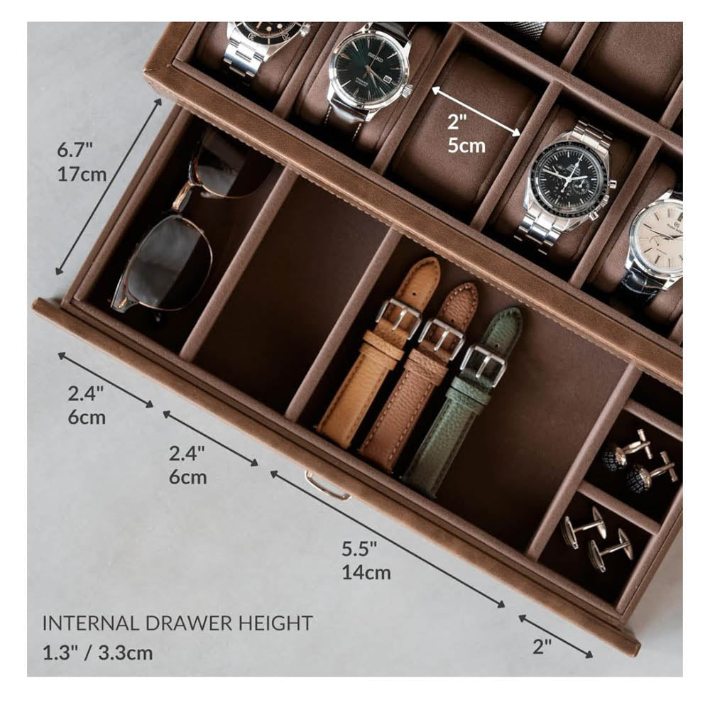 TAWBURY Uhrenbox 12 Uhren – Uhren Box für Herren mit 12 Fächern, braun, eleganter Uhrenkasten für Herren, ideal als Schmuckkästchen für Uhren, praktische Watch Box for Men.