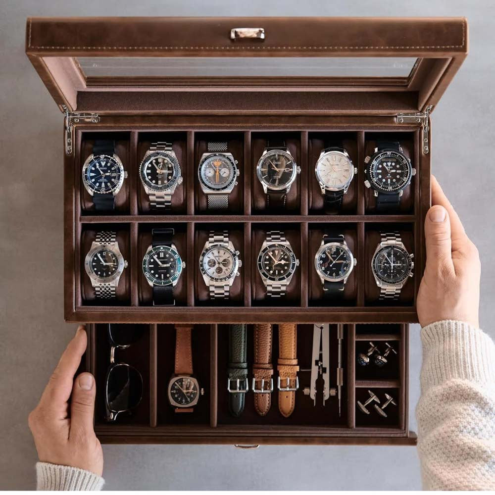 TAWBURY Uhrenbox 12 Uhren – Uhren Box für Herren mit 12 Fächern, braun, eleganter Uhrenkasten für Herren, ideal als Schmuckkästchen für Uhren, praktische Watch Box for Men.