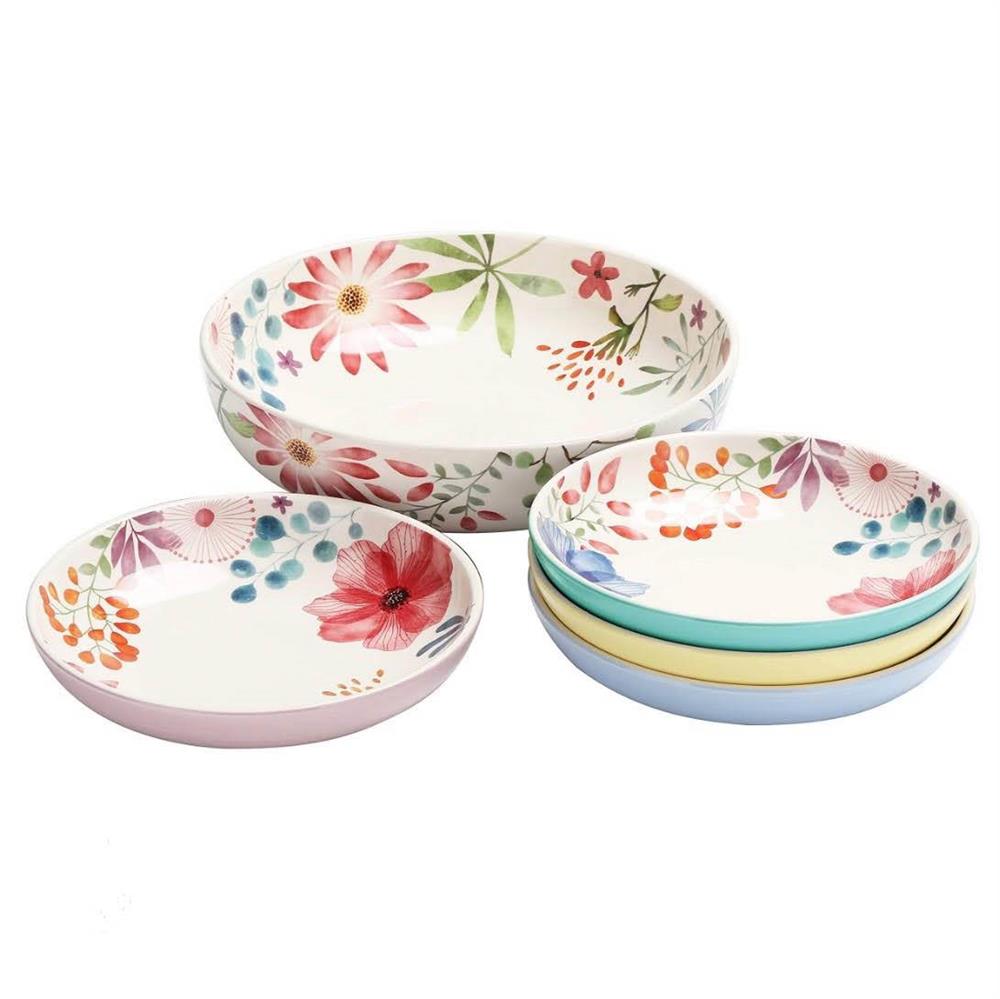 Bico Flower Carnival Keramik-Nudelschüssel 5er-Set 6330 ml und 4x 1035 ml für Pasta und Salat mikrowellen- und spülmaschinenfest