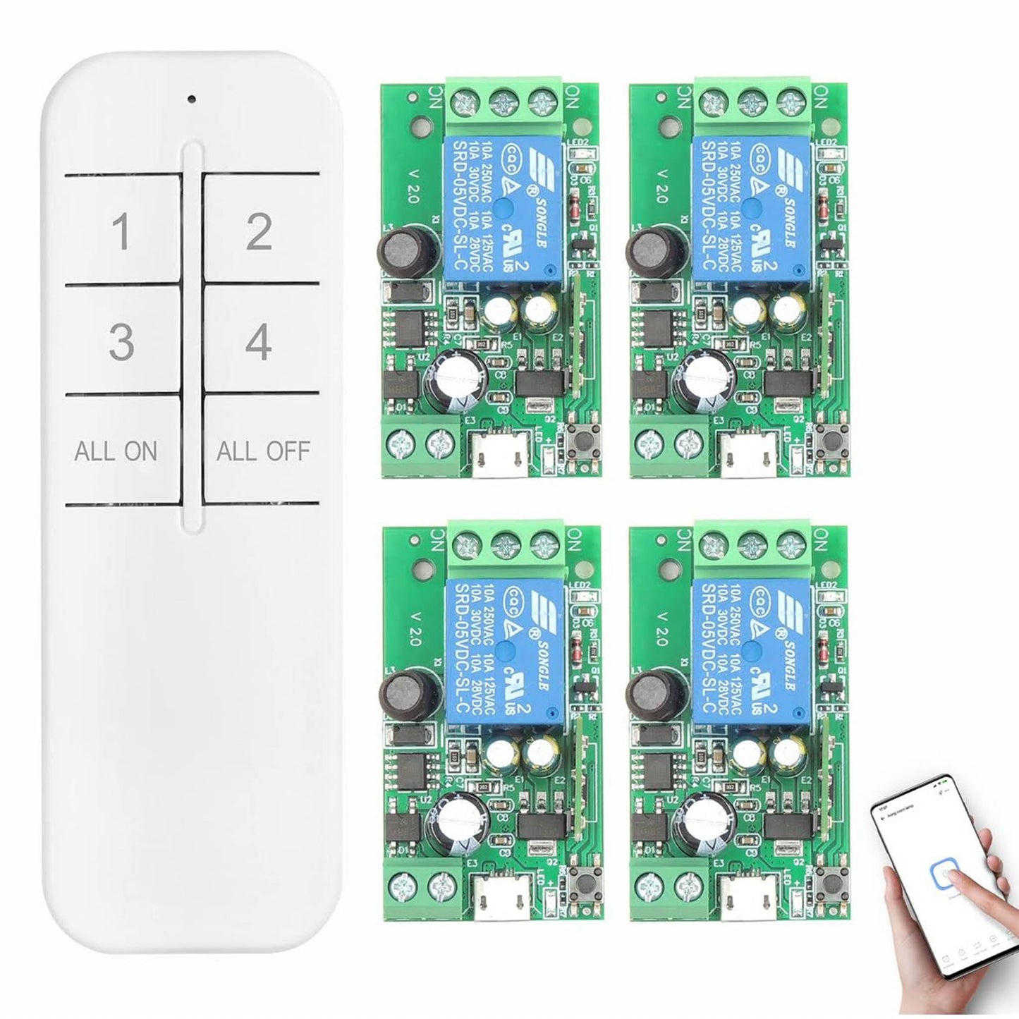 Dieserc Wi-Fi 4x1 Kanalmodul, passiv, 1x Bluetooth-Sender, DC 5V-36V, Ewelink, kompatibel mit Alexa/Google Home