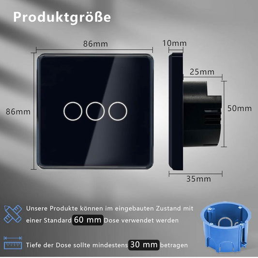TAWOIA Touch Lichtschalter 3 Fach, Unterputz, 2.5D Curved Glasplatte, 86x86mm, Schwarz, elegantes Design, einfache Bedienung.