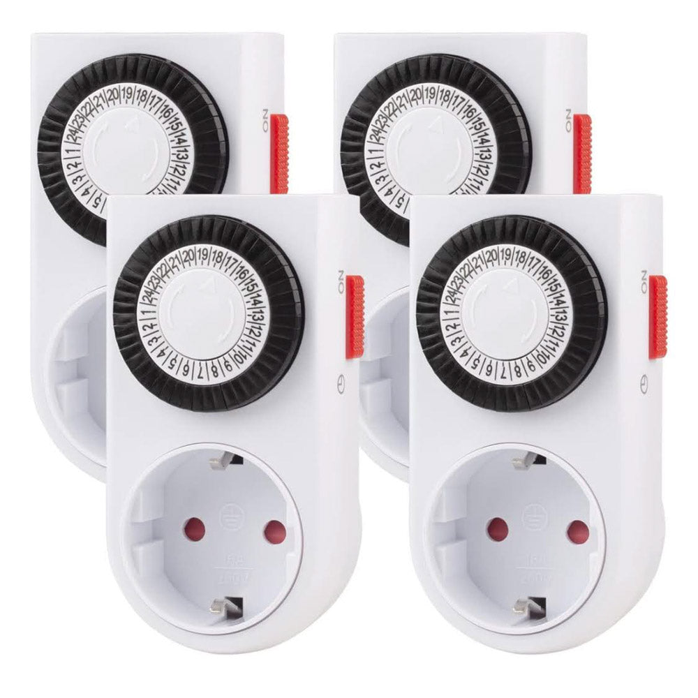 HBN Mechanische Zeitschaltuhr 16A/3680W, Steckdose, 24-Stunden-Programm, 4er Set, Analog, Innenbereich, Kindersicherung, Dauerbetrieb möglich, Timer für Lichter, 30 min Schaltintervall.