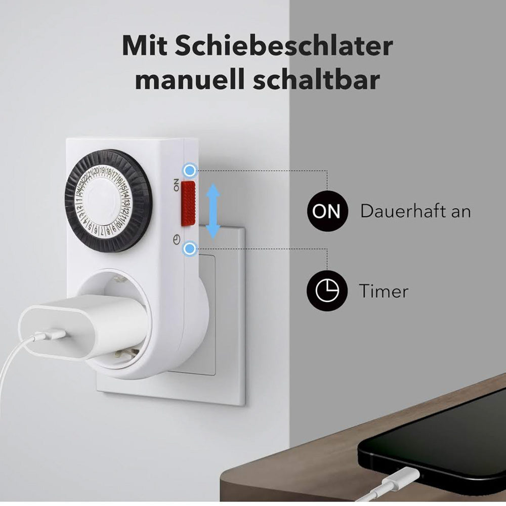 HBN Mechanische Zeitschaltuhr 16A/3680W, Steckdose, 24-Stunden-Programm, 4er Set, Analog, Innenbereich, Kindersicherung, Dauerbetrieb möglich, Timer für Lichter, 30 min Schaltintervall.