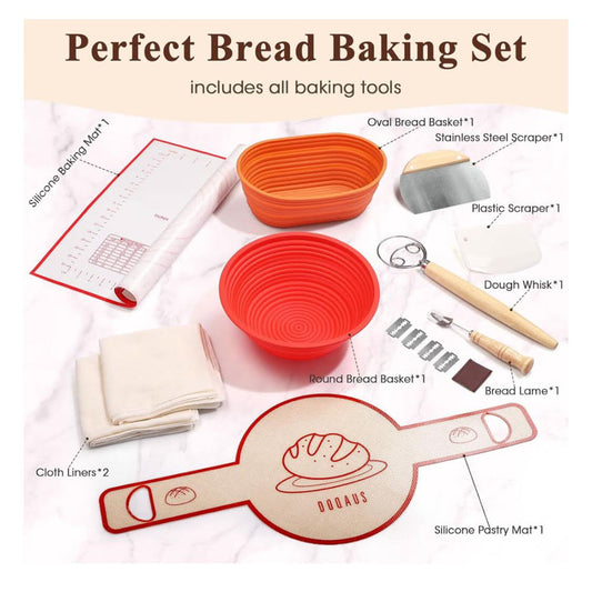 DOQAUS proofing basket set 2024, model no.: N/A, product type: proofing basket, features: foldable silicone proofing basket, easy to clean, including oval and round proofing basket, Danish dough whisk, egg cards, linen cloths and bread scoring knife.