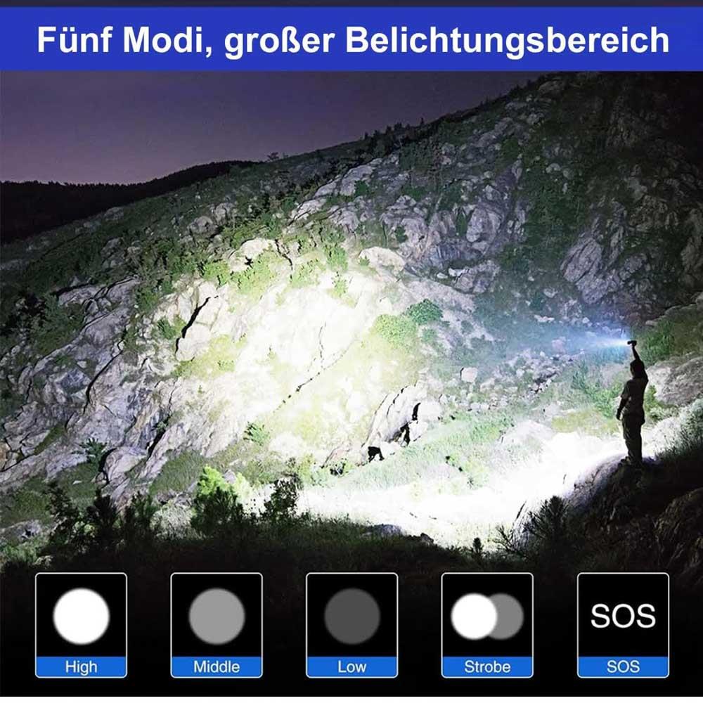 LED flashlight 500,000 lumens, IP67 waterproof, adjustable focus, rechargeable & battery-operated, ideal for camping and outdoor