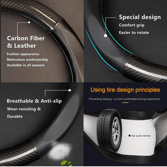 Autsop Lenkradbezug, Universal 14.5-15 Zoll, Nappa Leder, Kohlefaser, für Sommer & Winter, Brilliant Black.