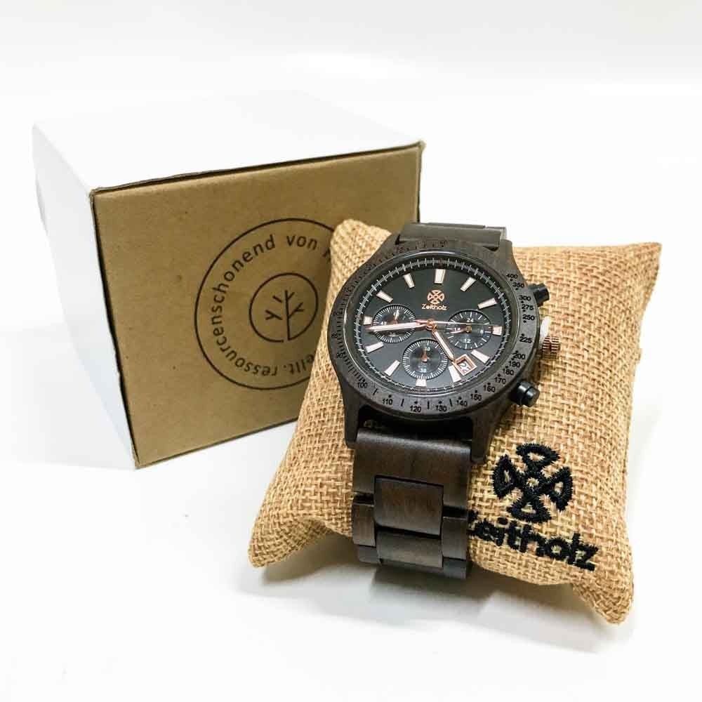 Zeitholz Holzuhr Herren 42mm Chronograph Analog Neue Bergen 100% Naturholz mit Japanischem Quarzwerk
