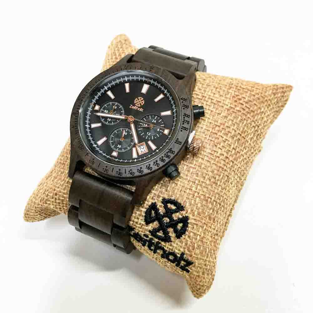 Zeitholz Holzuhr Herren 42mm Chronograph Analog Neue Bergen 100% Naturholz mit Japanischem Quarzwerk