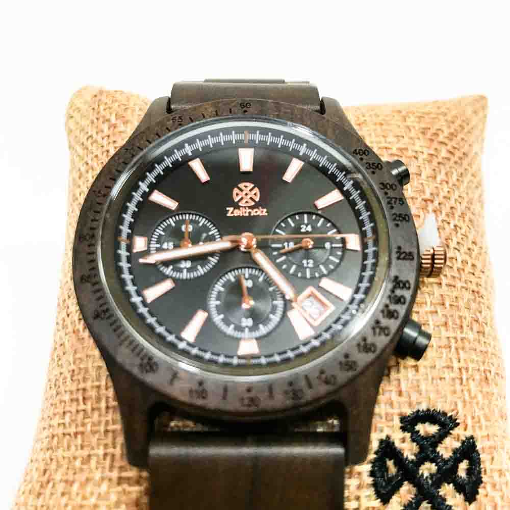 Zeitholz Holzuhr Herren 42mm Chronograph Analog Neue Bergen 100% Naturholz mit Japanischem Quarzwerk