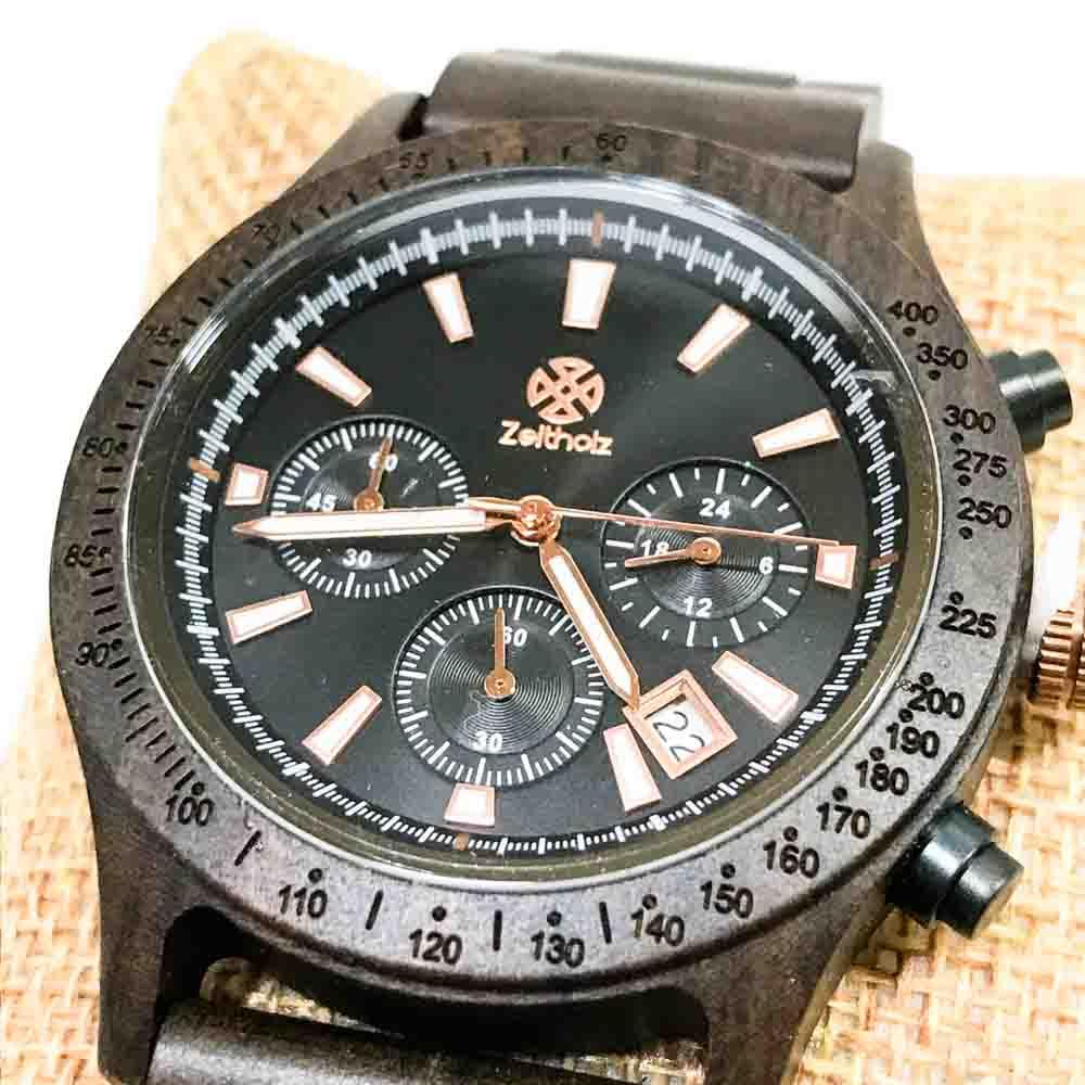 Zeitholz Holzuhr Herren 42mm Chronograph Analog Neue Bergen 100% Naturholz mit Japanischem Quarzwerk